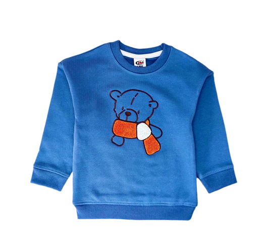 Blue Kids Sweatshirt with Cute Bear & Scarf Design